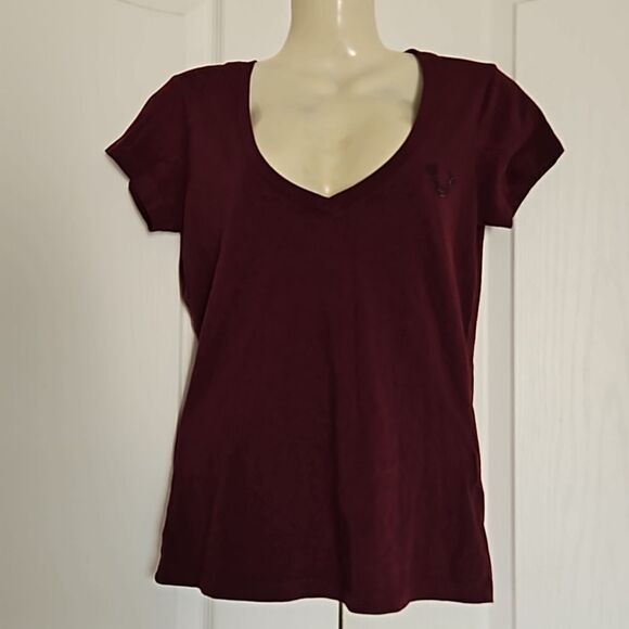 True Religion Women's Rhinestones Short Sleeves T-Shirt XS Burgundy - Picture 2 of 16